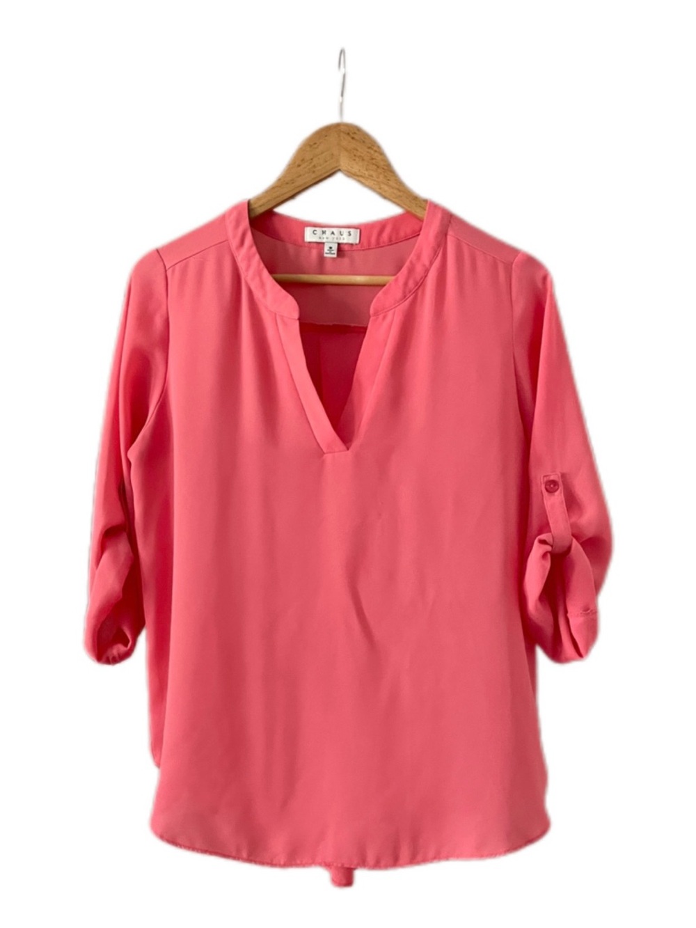 Chaus Coral Split V-Neck Roll-Tab Tunic Blouse - M